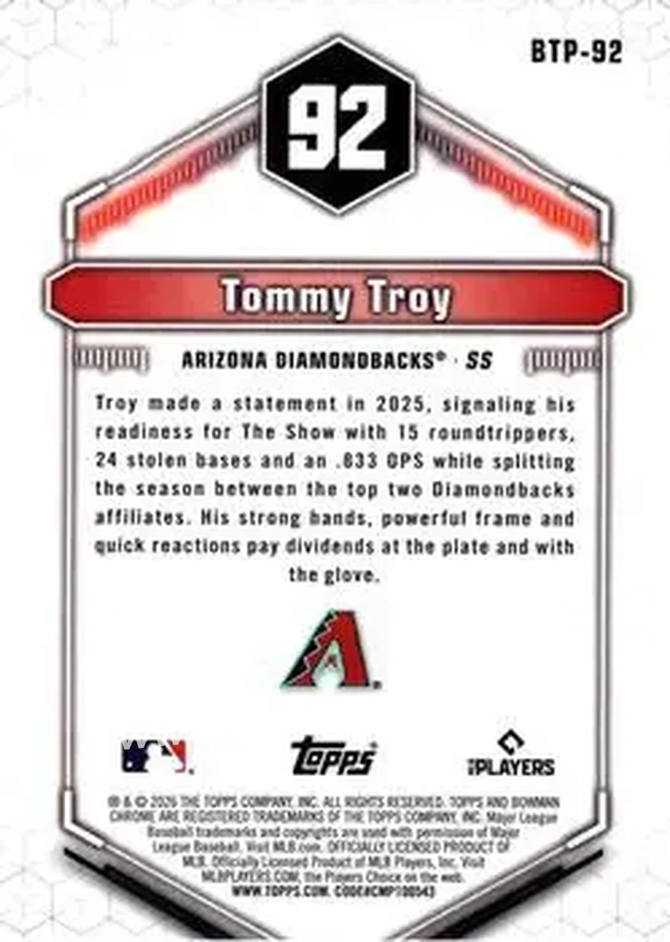 2026 Bowman - Bowman Scouts' Top 100 #BTP-92 - Tommy Troy - Arizona Diamondbacks - Back