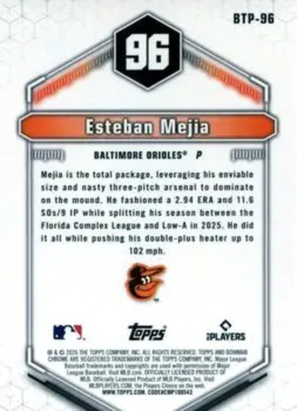 2026 Bowman - Bowman Scouts' Top 100 #BTP-96 - Esteban Mejia - Baltimore Orioles - Back
