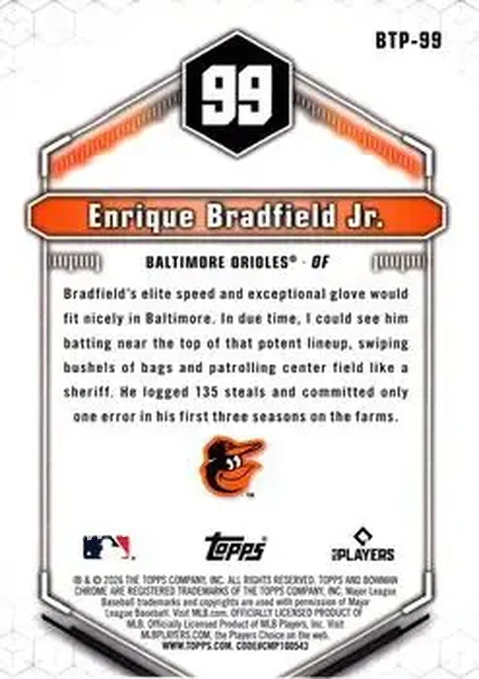 2026 Bowman - Bowman Scouts' Top 100 #BTP-99 - Enrique Bradfield Jr. - Baltimore Orioles - Back