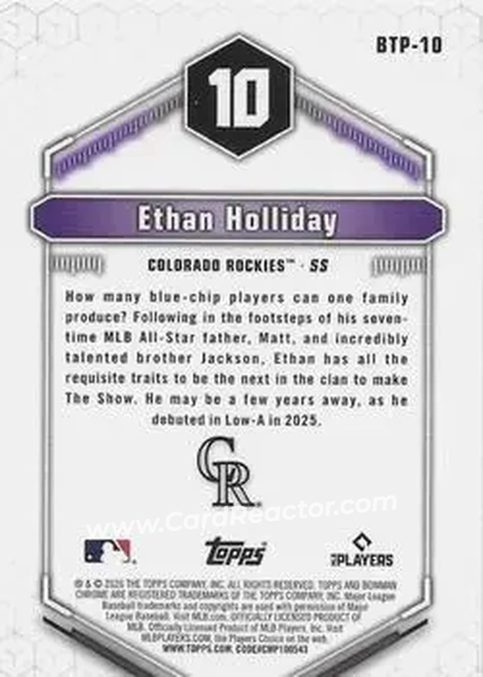 2026 Bowman - Bowman Scouts' Top 100 Aqua Refractors #BTP-10 - Ethan Holliday - Colorado Rockies - Back