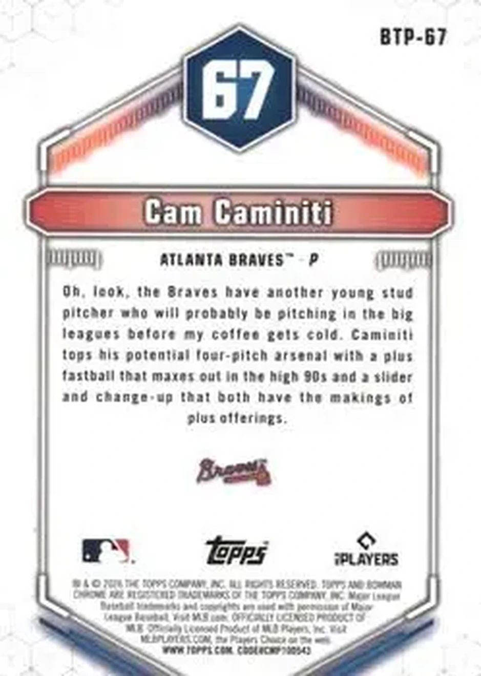 2026 Bowman - Bowman Scouts' Top 100 Aqua Refractors #BTP-67 - Cam Caminiti - Atlanta Braves - Back