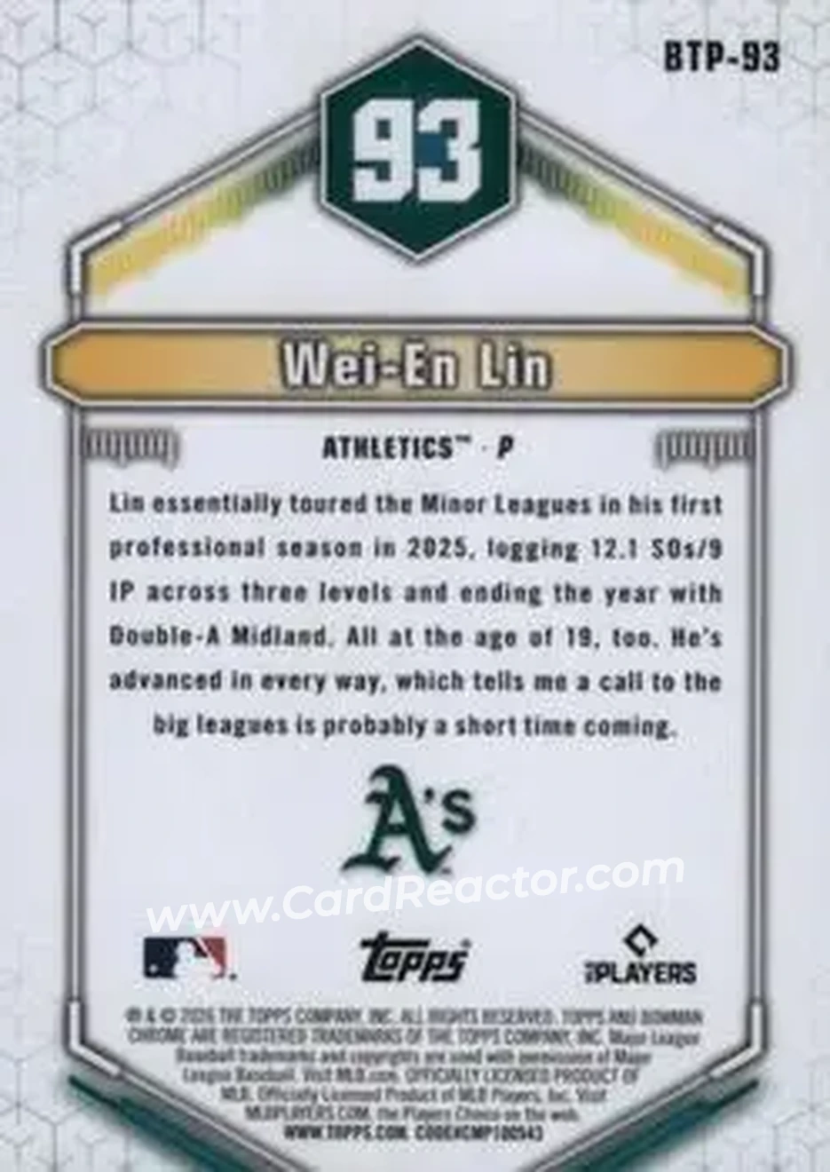2026 Bowman - Bowman Scouts' Top 100 Aqua Refractors #BTP-93 - Wei-En Lin - Athletics - Back
