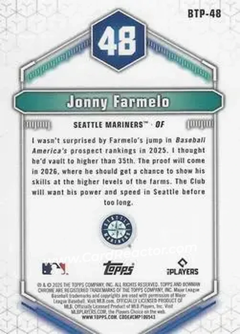 2026 Bowman - Bowman Scouts' Top 100 Gold Refractors #BTP-48 - Jonny Farmelo - Seattle Mariners - Back