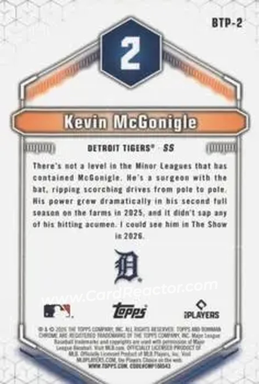2026 Bowman - Bowman Scouts' Top 100 Green Refractors #BTP-2 - Kevin McGonigle - Detroit Tigers - Back