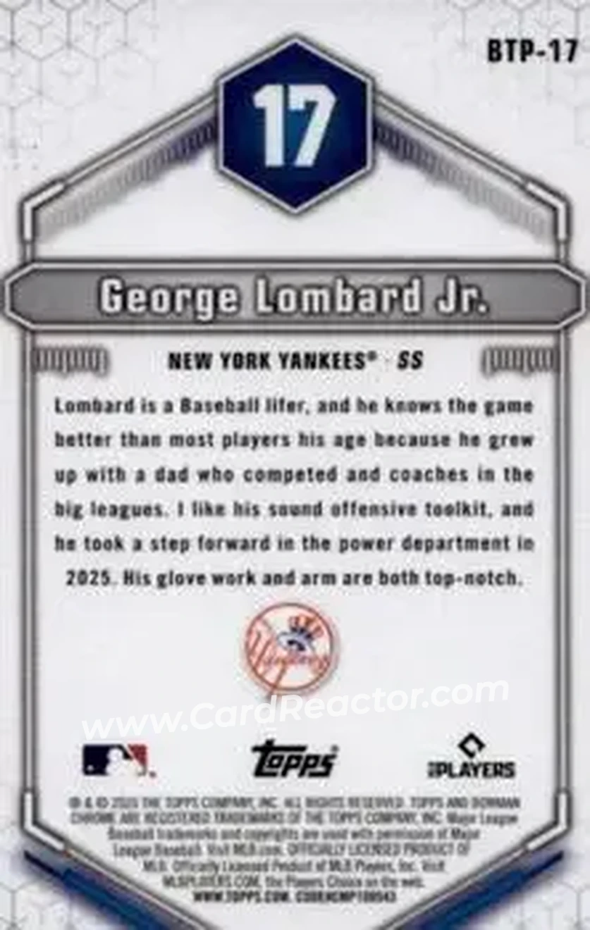 2026 Bowman - Bowman Scouts' Top 100 Green Refractors #BTP-17 - George Lombard Jr. - New York Yankees - Back