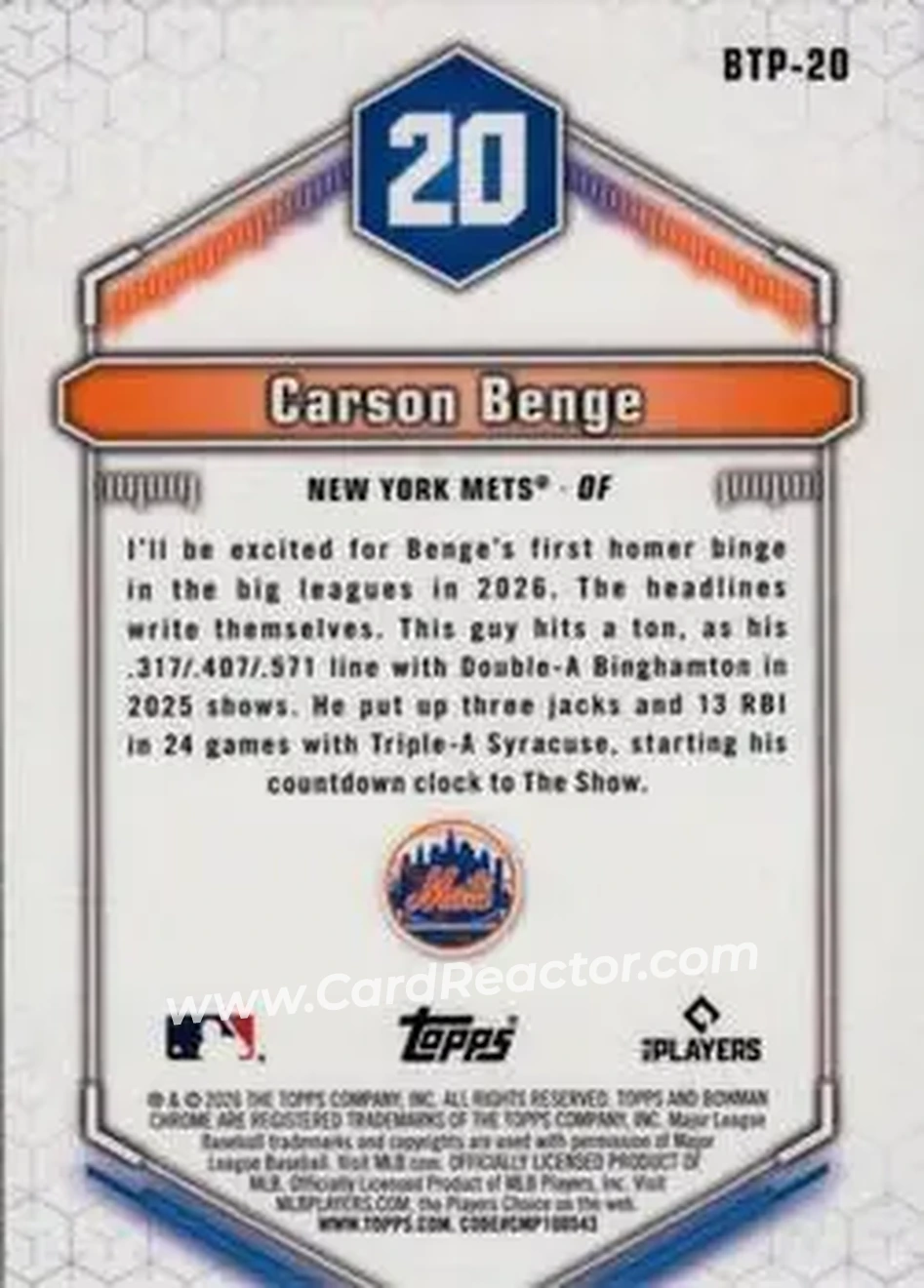 2026 Bowman - Bowman Scouts' Top 100 Green Refractors #BTP-20 - Carson Benge - New York Mets - Back