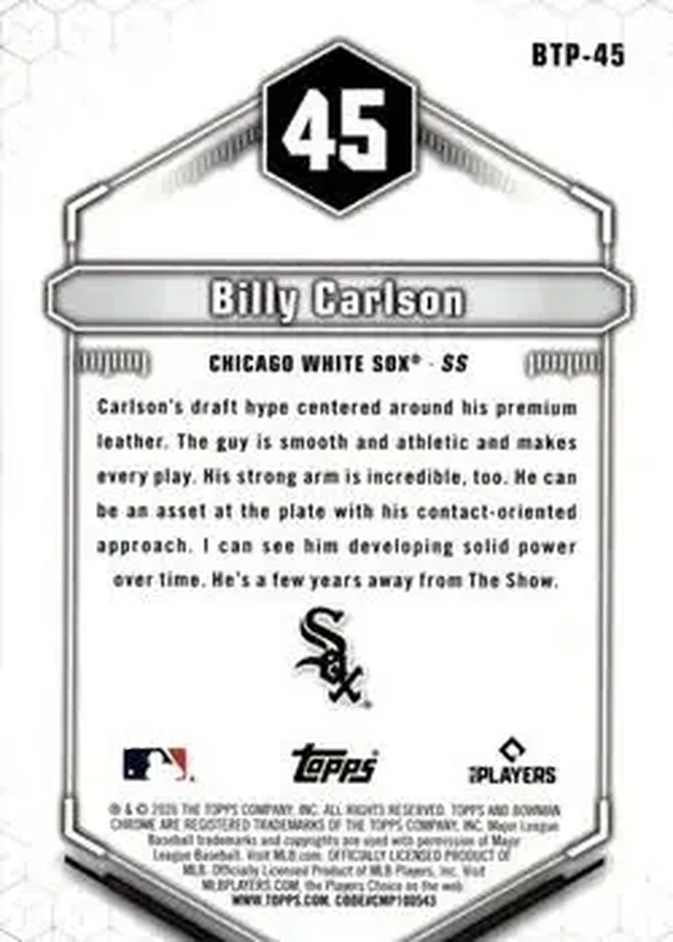 2026 Bowman - Bowman Scouts' Top 100 Green Refractors #BTP-45 - Billy Carlson - Chicago White Sox - Back