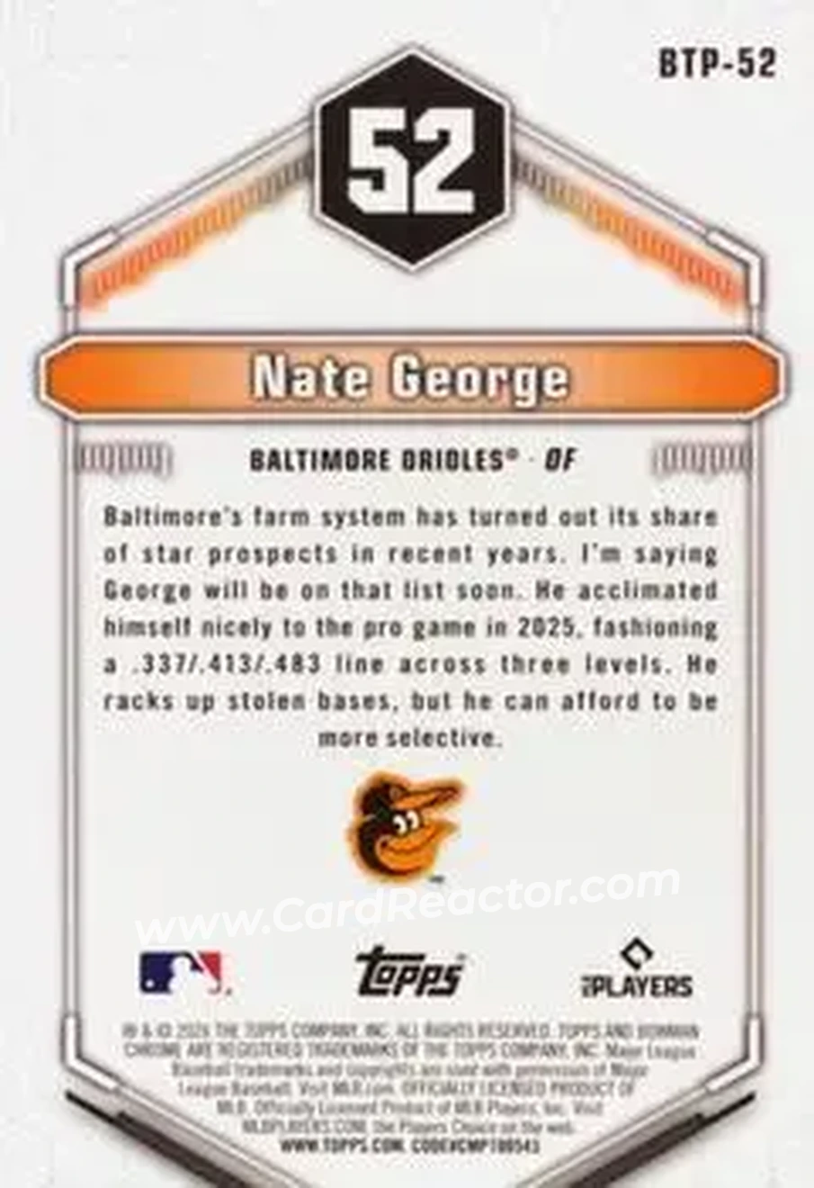 2026 Bowman - Bowman Scouts' Top 100 Green Refractors #BTP-52 - Nate George - Baltimore Orioles - Back