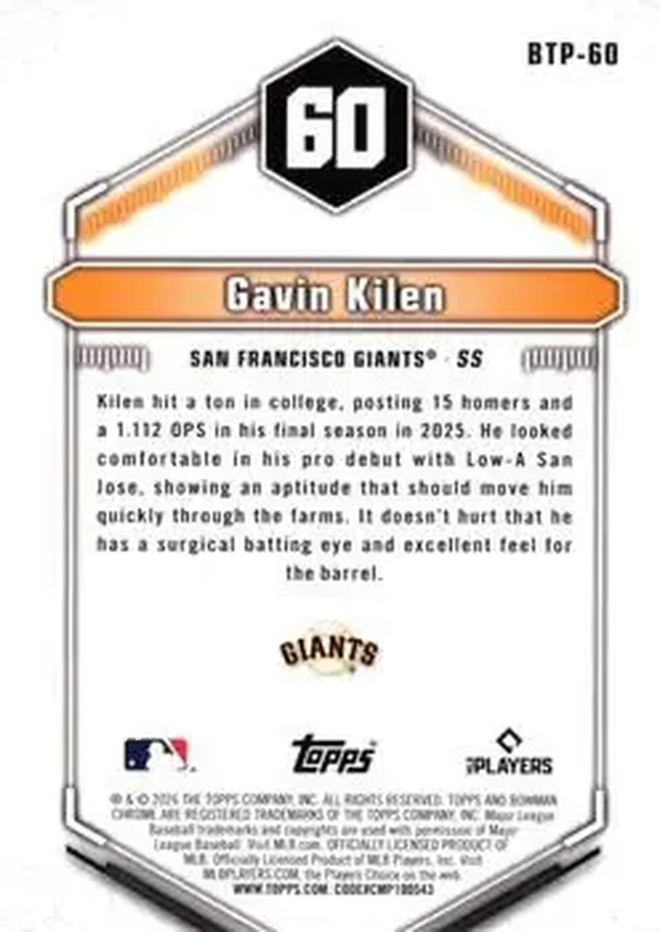 2026 Bowman - Bowman Scouts' Top 100 Green Refractors #BTP-60 - Gavin Kilen - San Francisco Giants - Back
