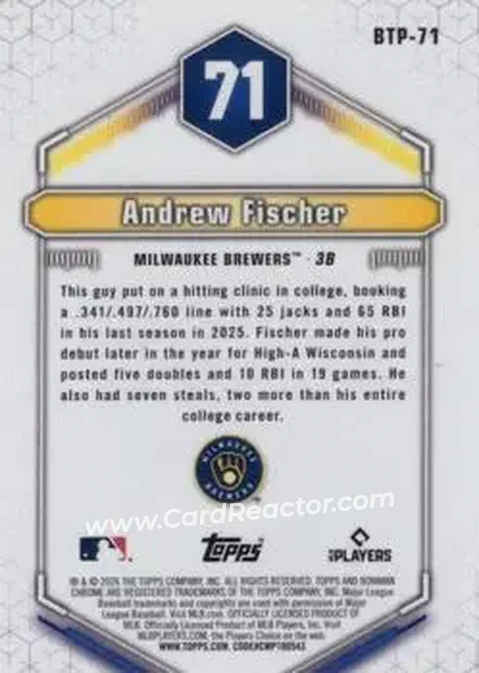 2026 Bowman - Bowman Scouts' Top 100 Green Refractors #BTP-71 - Andrew Fischer - Milwaukee Brewers - Back 2026 Bowman - Bowman Scouts' Top 100 Green Refractors #BTP-71 - Andrew Fischer - Milwaukee Brewers - Back