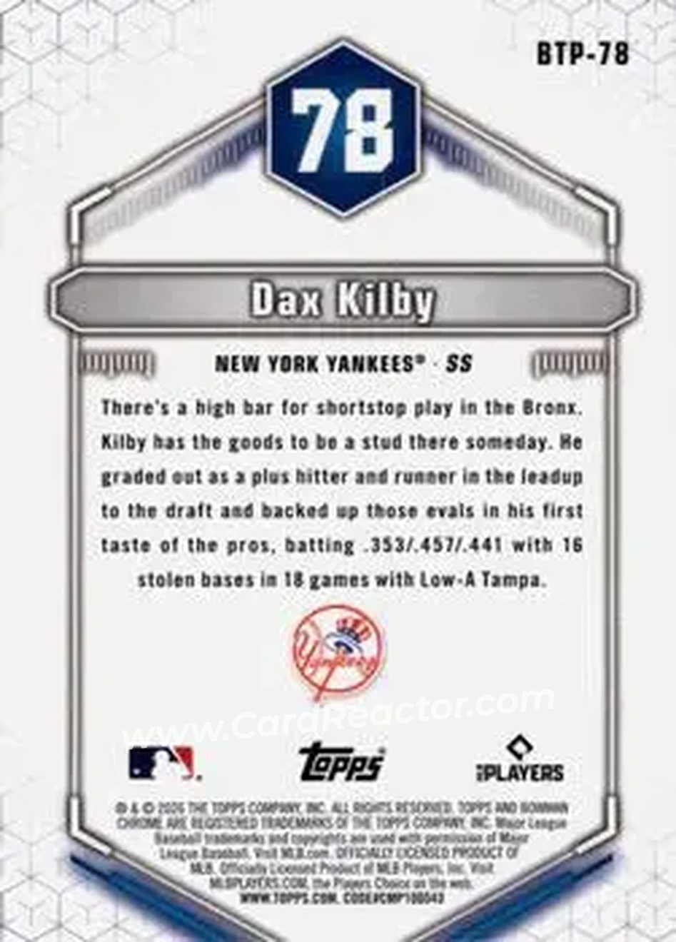 2026 Bowman - Bowman Scouts' Top 100 Green Refractors #BTP-78 - Dax Kilby - New York Yankees - Back