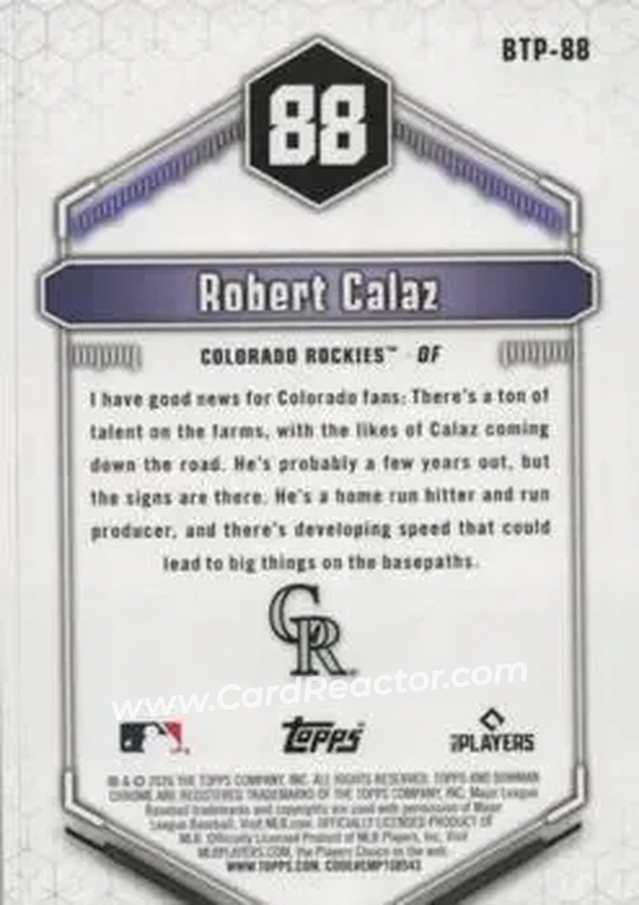 2026 Bowman - Bowman Scouts' Top 100 Green Refractors #BTP-88 - Robert Calaz - Colorado Rockies - Back