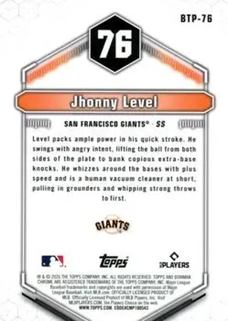 2026 Bowman - Bowman Scouts' Top 100 Mini-Diamond Refractors #BTP-76 - Jhonny Level - San Francisco Giants - Back