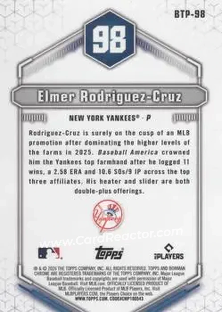 2026 Bowman - Bowman Scouts' Top 100 Mini-Diamond Refractors #BTP-98 - Elmer Rodriguez-Cruz - New York Yankees - Back