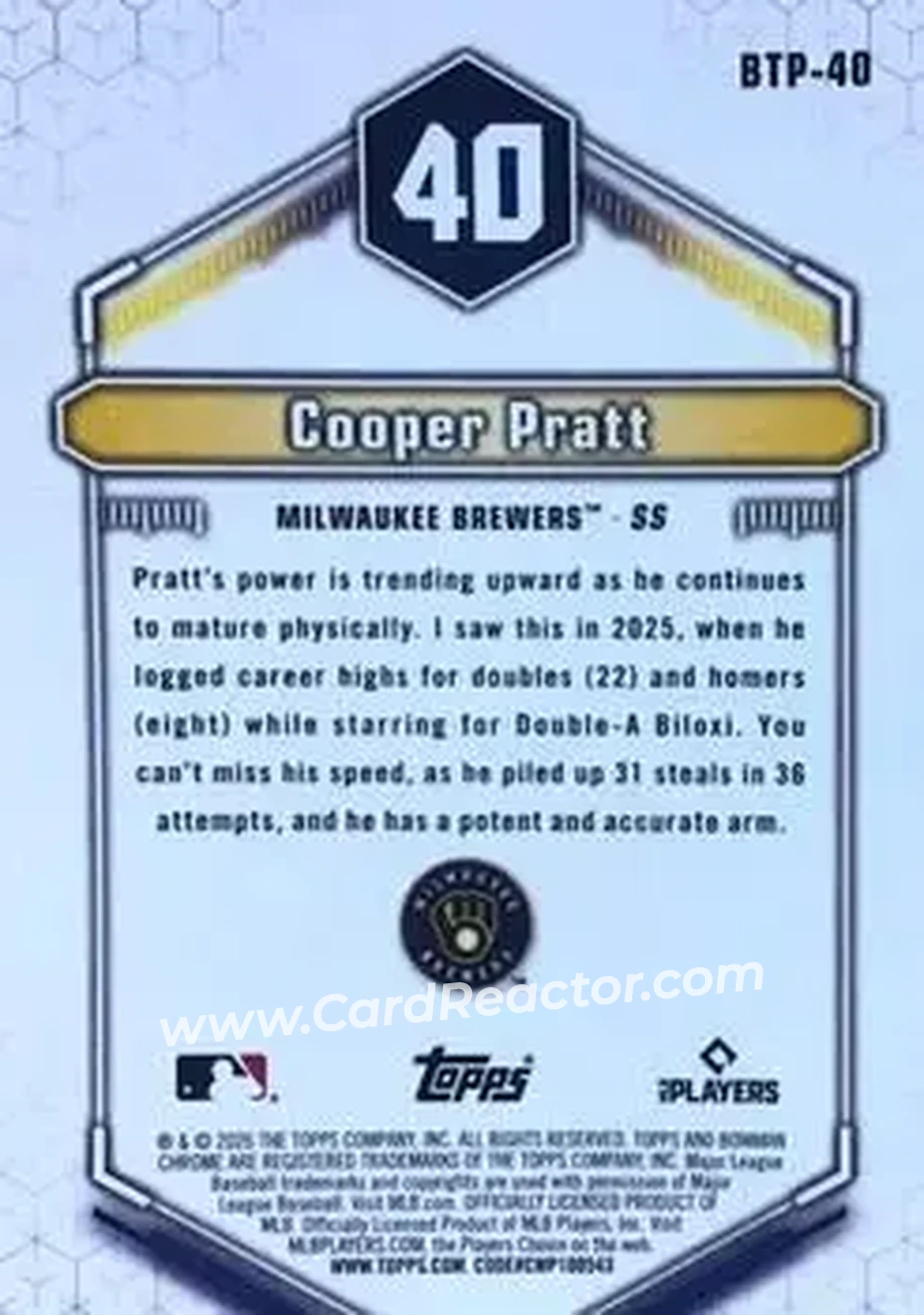 2026 Bowman - Bowman Scouts' Top 100 Orange Refractors #BTP-40 - Cooper Pratt - Milwaukee Brewers - Back