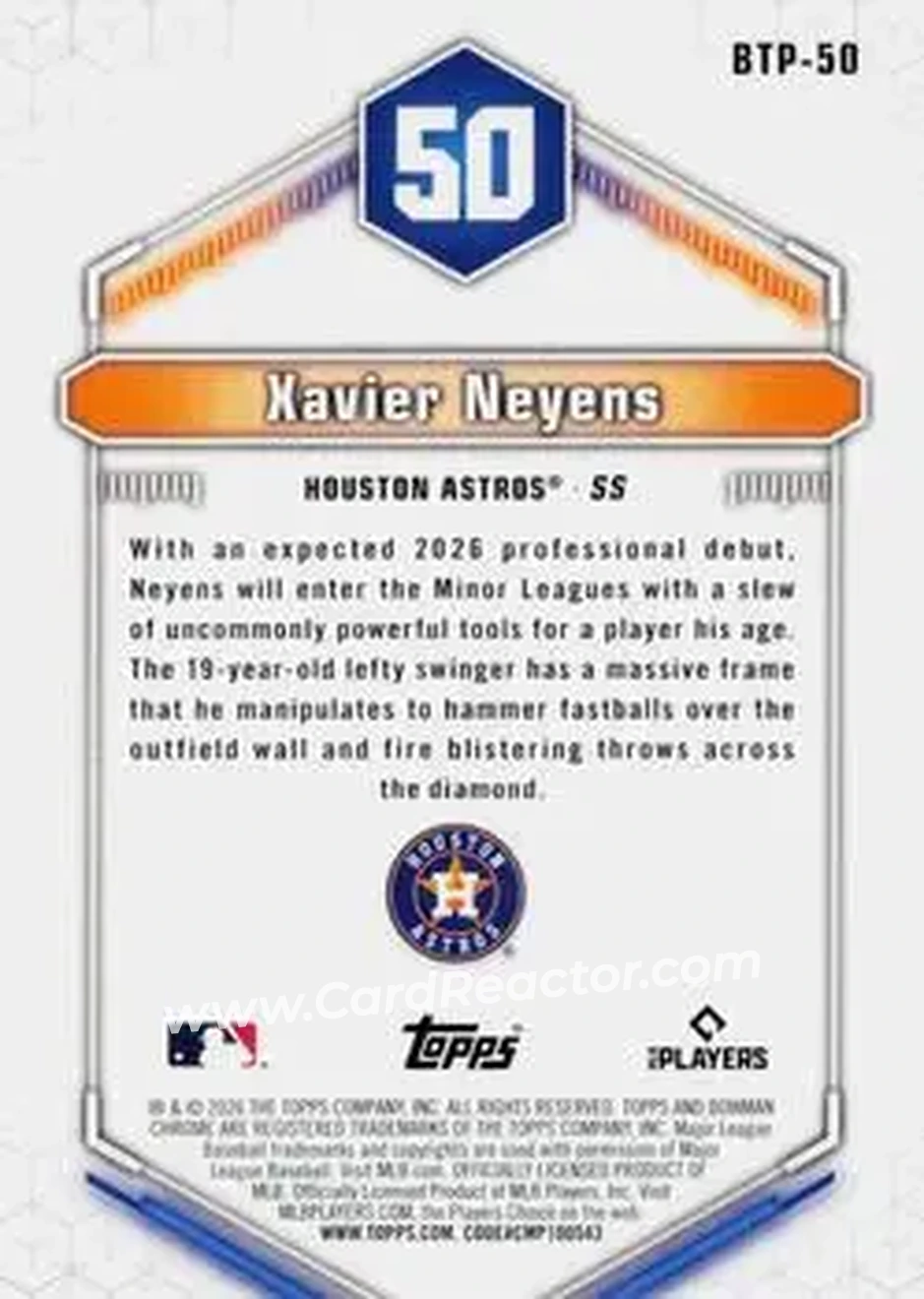 2026 Bowman - Bowman Scouts' Top 100 Red Refractors #BTP-50 - Xavier Neyens - Houston Astros - Back