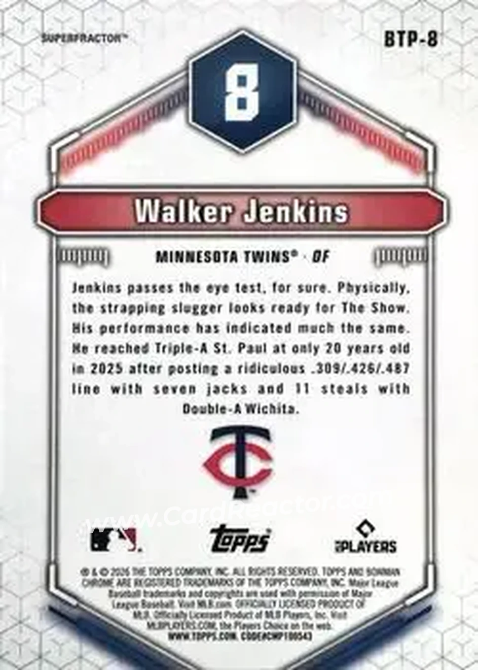 2026 Bowman - Bowman Scouts' Top 100 SuperFractors #BTP-8 - Walker Jenkins - Minnesota Twins - Back