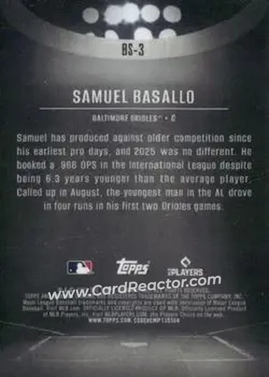 2026 Bowman - Bowman Spotlights #BS-3 - Samuel Basallo - Baltimore Orioles - Back