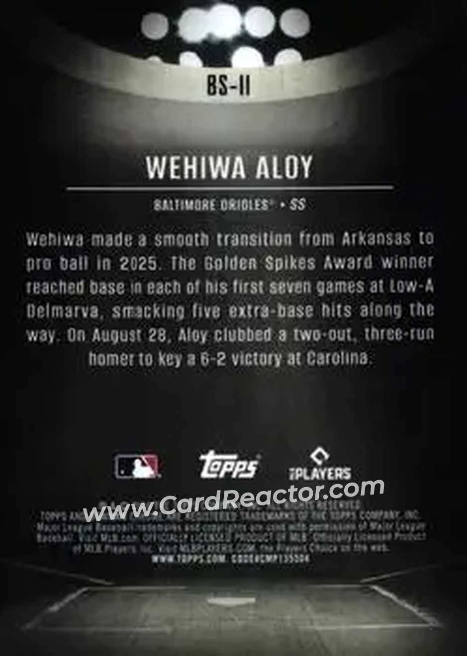 2026 Bowman - Bowman Spotlights #BS-11 - Wehiwa Aloy - Baltimore Orioles - Back