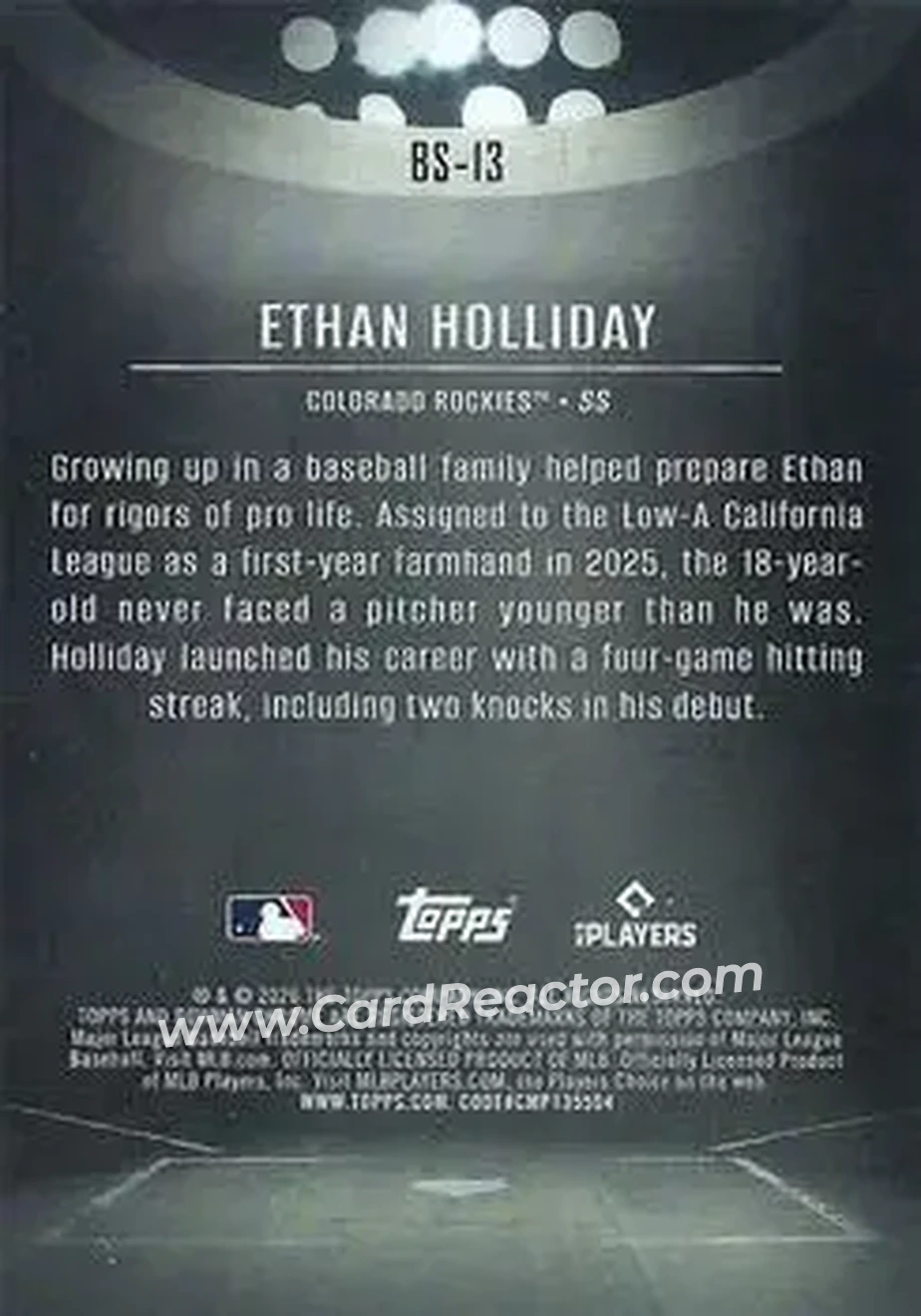 2026 Bowman - Bowman Spotlights #BS-13 - Ethan Holliday - Colorado Rockies - Back