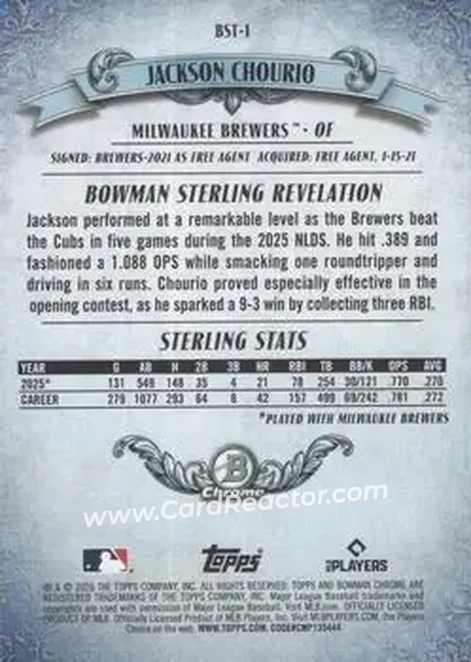 2026 Bowman - Bowman Sterling #BST-1 - Jackson Chourio - Milwaukee Brewers - Back 2026 Bowman - Bowman Sterling #BST-1 - Jackson Chourio - Milwaukee Brewers - Back