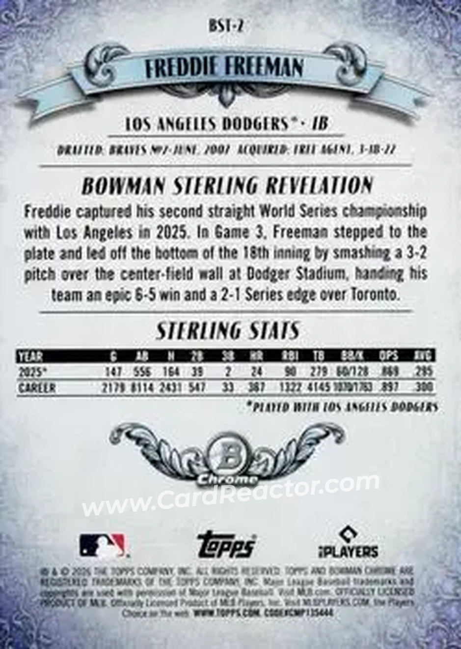 2026 Bowman - Bowman Sterling #BST-2 - Freddie Freeman - Los Angeles Dodgers - Back