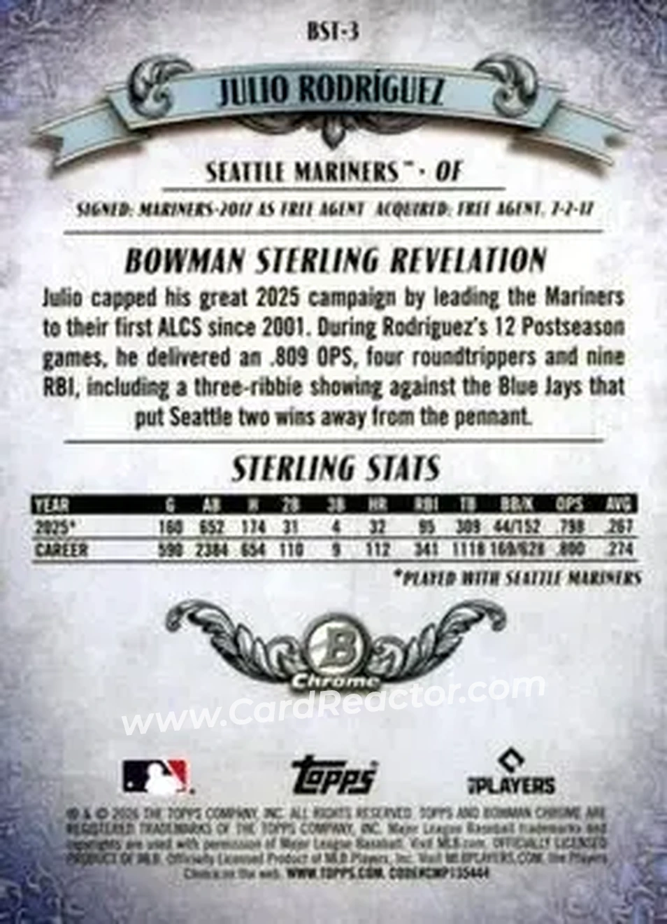 2026 Bowman - Bowman Sterling #BST-3 - Julio Rodríguez - Seattle Mariners - Back