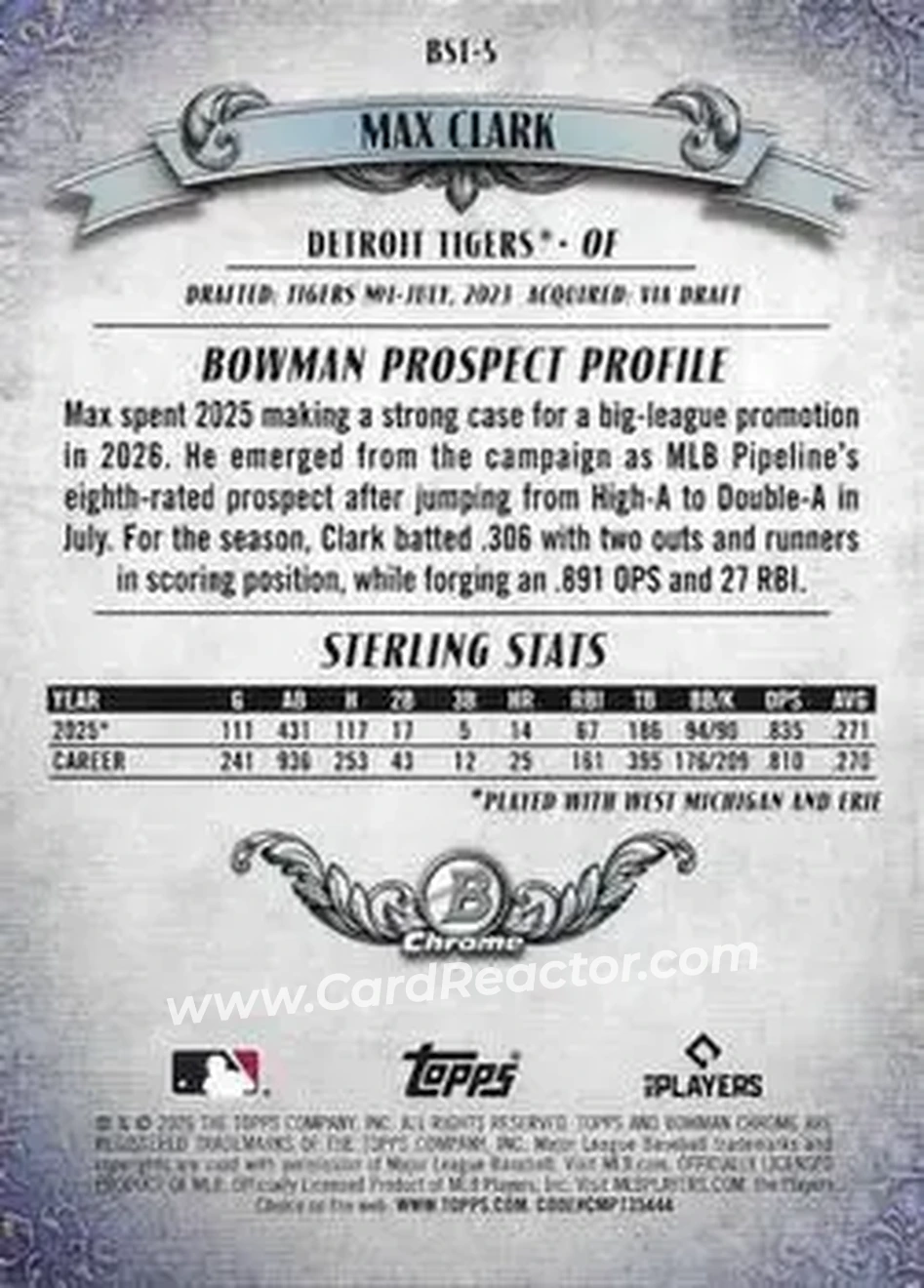 2026 Bowman - Bowman Sterling #BST-5 - Max Clark - Detroit Tigers - Back