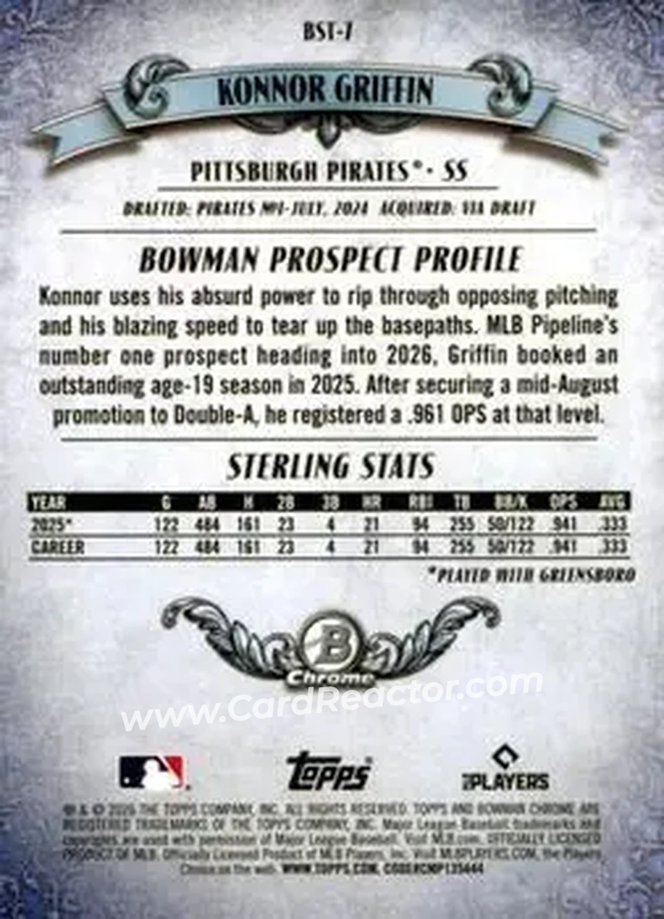 2026 Bowman - Bowman Sterling #BST-7 - Konnor Griffin - Pittsburgh Pirates - Back