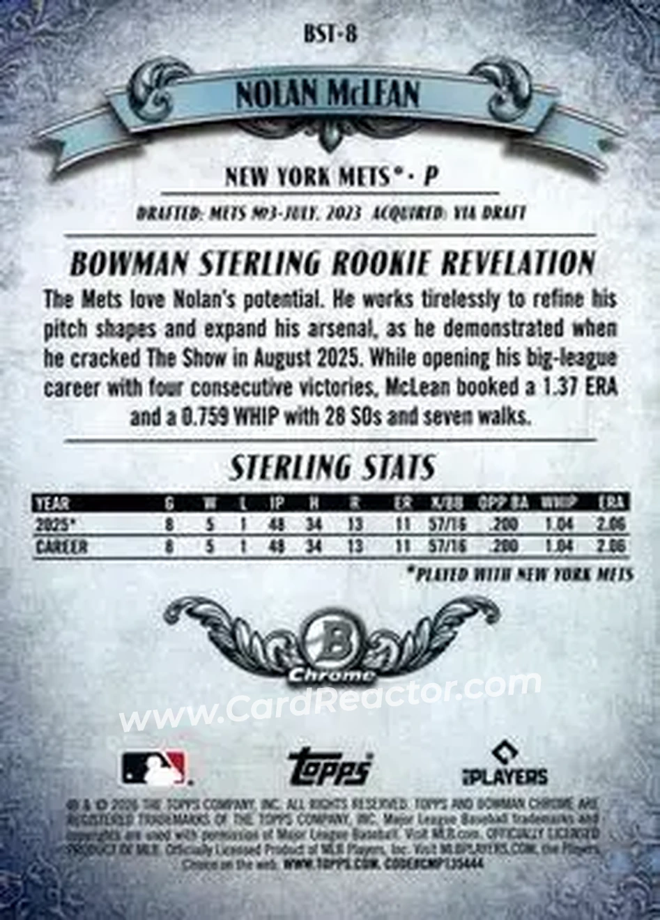 2026 Bowman - Bowman Sterling #BST-8 - Nolan McLean - New York Mets - Back