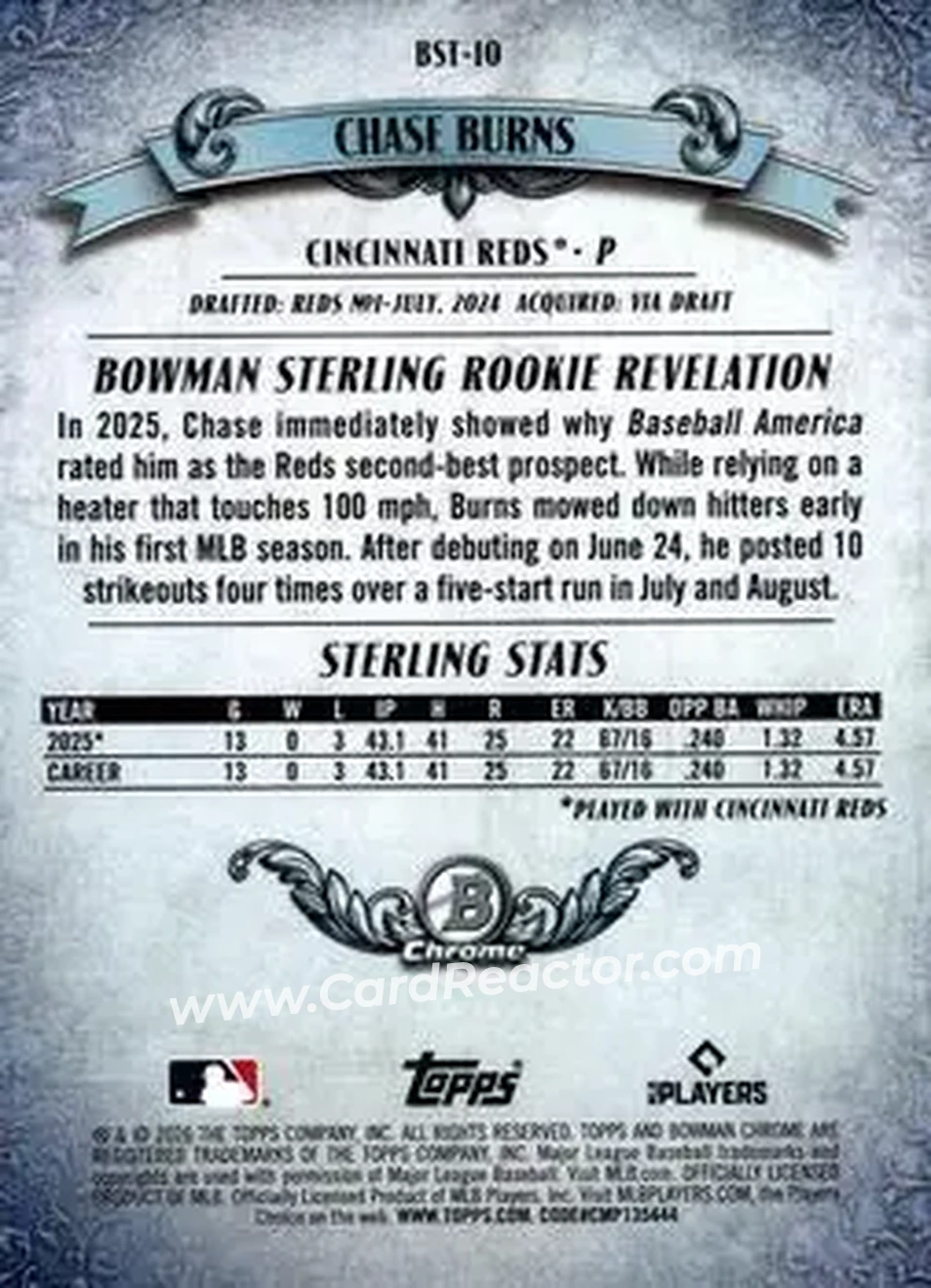 2026 Bowman - Bowman Sterling #BST-10 - Chase Burns - Cincinnati Reds - Back 2026 Bowman - Bowman Sterling #BST-10 - Chase Burns - Cincinnati Reds - Back