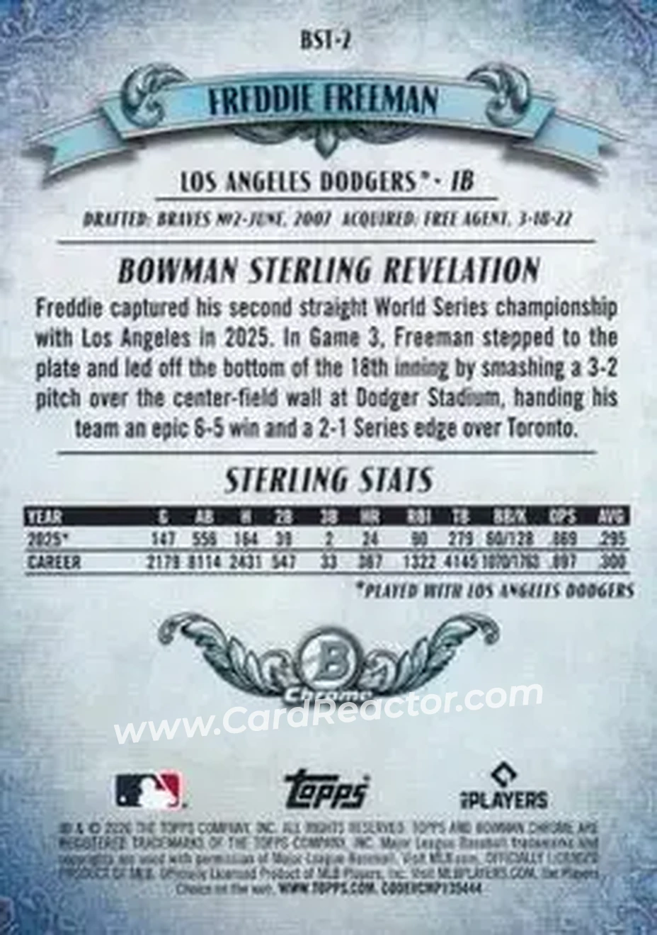 2026 Bowman - Bowman Sterling Aqua Refractor #BST-2 - Freddie Freeman - Los Angeles Dodgers - Back