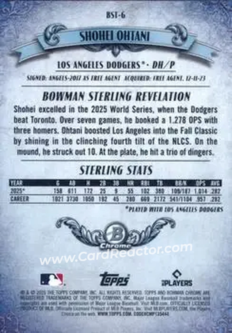 2026 Bowman - Bowman Sterling Aqua Refractor #BST-6 - Shohei Ohtani - Los Angeles Dodgers - Back