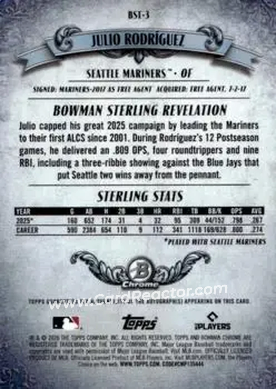 2026 Bowman - Bowman Sterling Autographs Gold Refractors #BST-3 - Julio Rodríguez - Seattle Mariners - Back