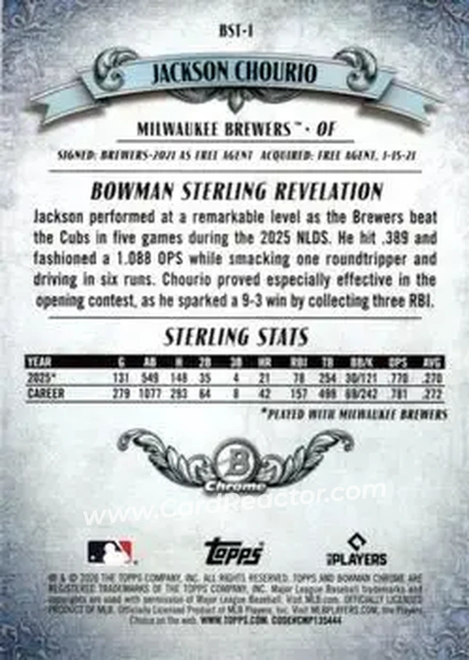 2026 Bowman - Bowman Sterling Gold Refractors #BST-1 - Jackson Chourio - Milwaukee Brewers - Back