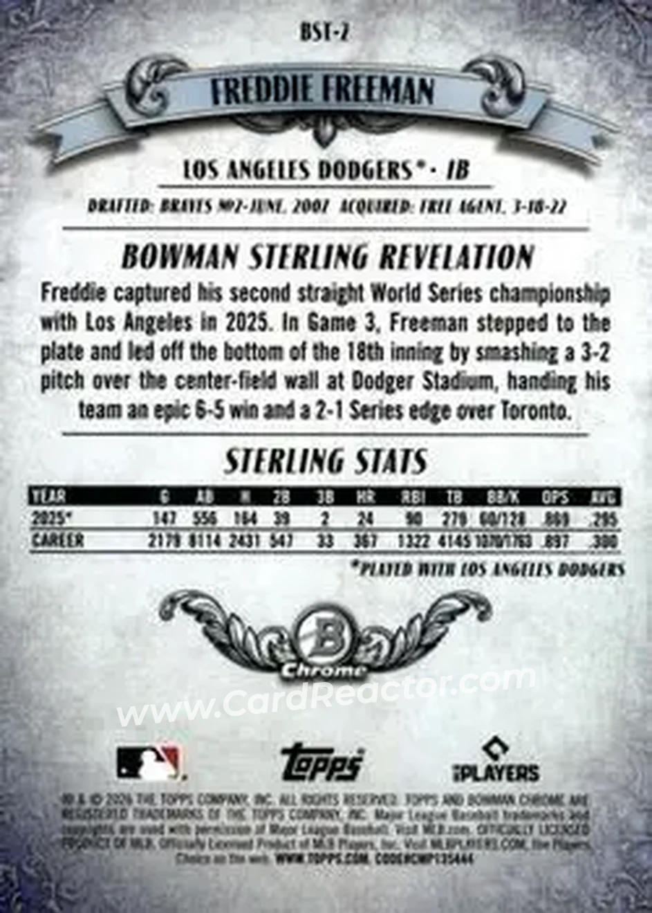 2026 Bowman - Bowman Sterling Gold Refractors #BST-2 - Freddie Freeman - Los Angeles Dodgers - Back