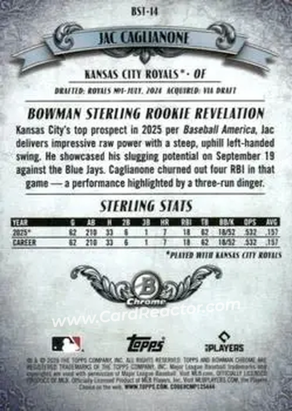 2026 Bowman - Bowman Sterling Green Refractors #BST-14 - Jac Caglianone - Kansas City Royals - Back