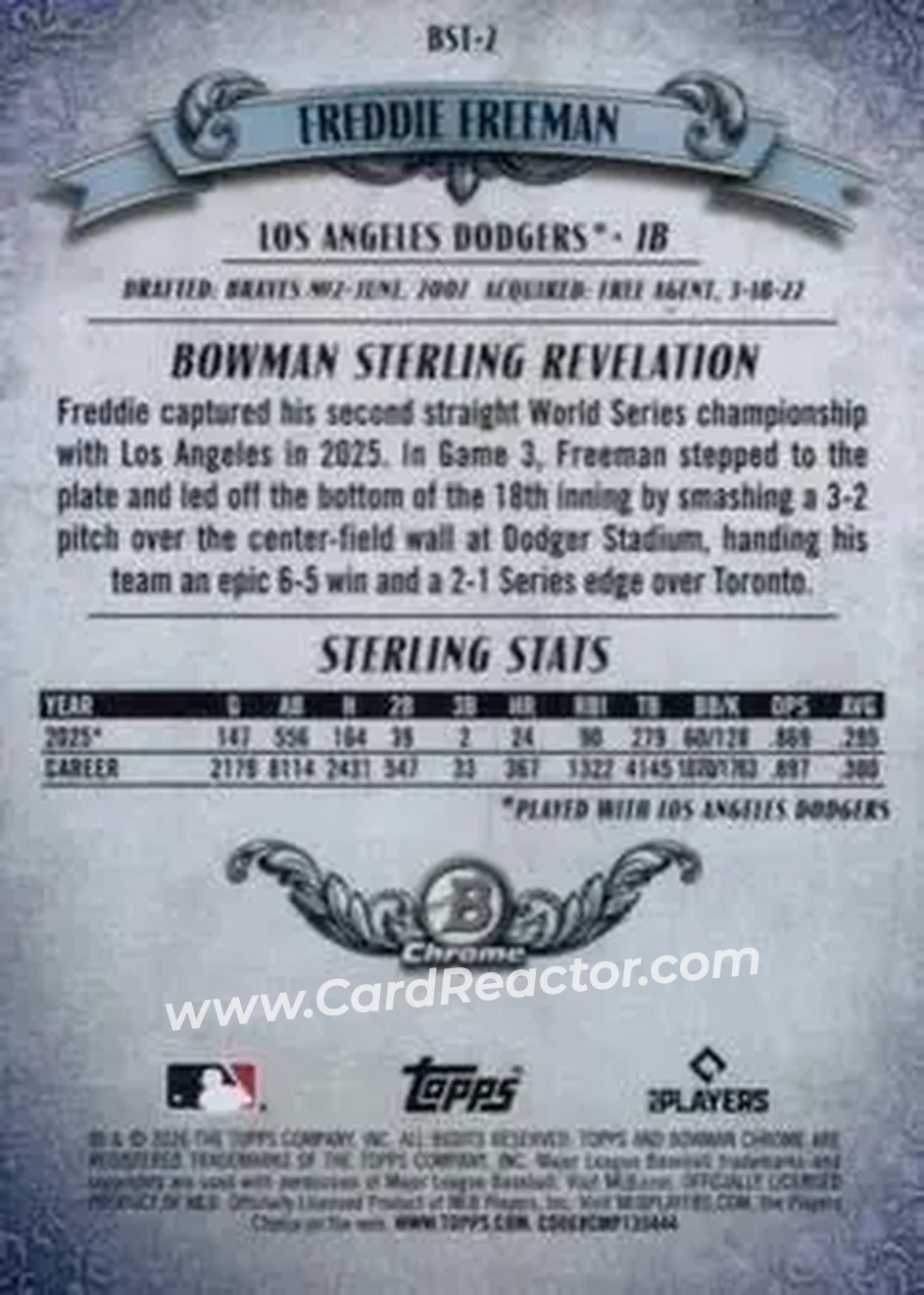 2026 Bowman - Bowman Sterling Mini Diamond Refractors #BST-2 - Freddie Freeman - Los Angeles Dodgers - Back