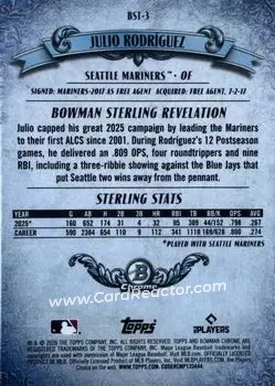 2026 Bowman - Bowman Sterling Mini Diamond Refractors #BST-3 - Julio Rodríguez - Seattle Mariners - Back