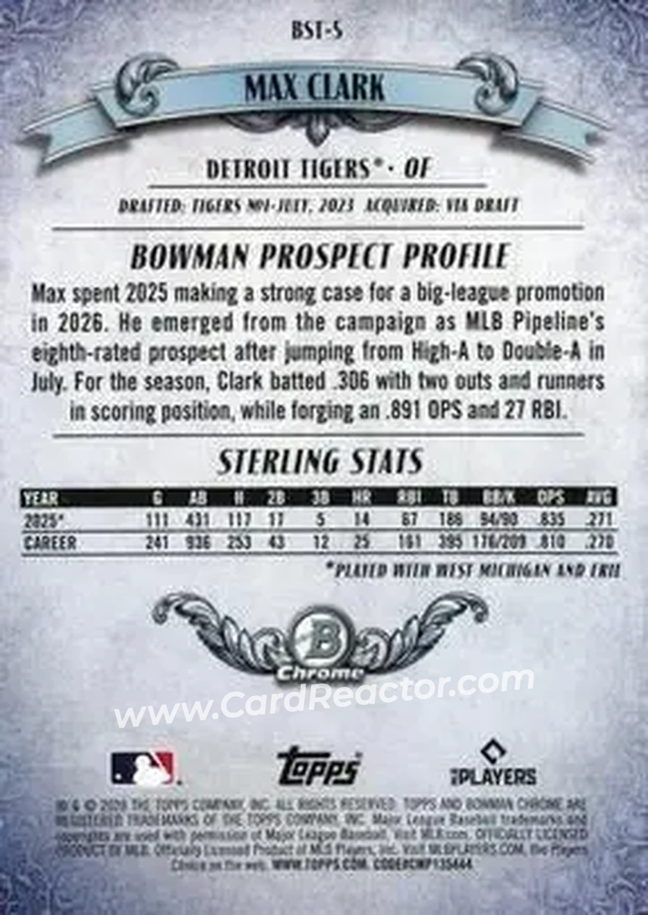 2026 Bowman - Bowman Sterling Mini Diamond Refractors #BST-5 - Max Clark - Detroit Tigers - Back
