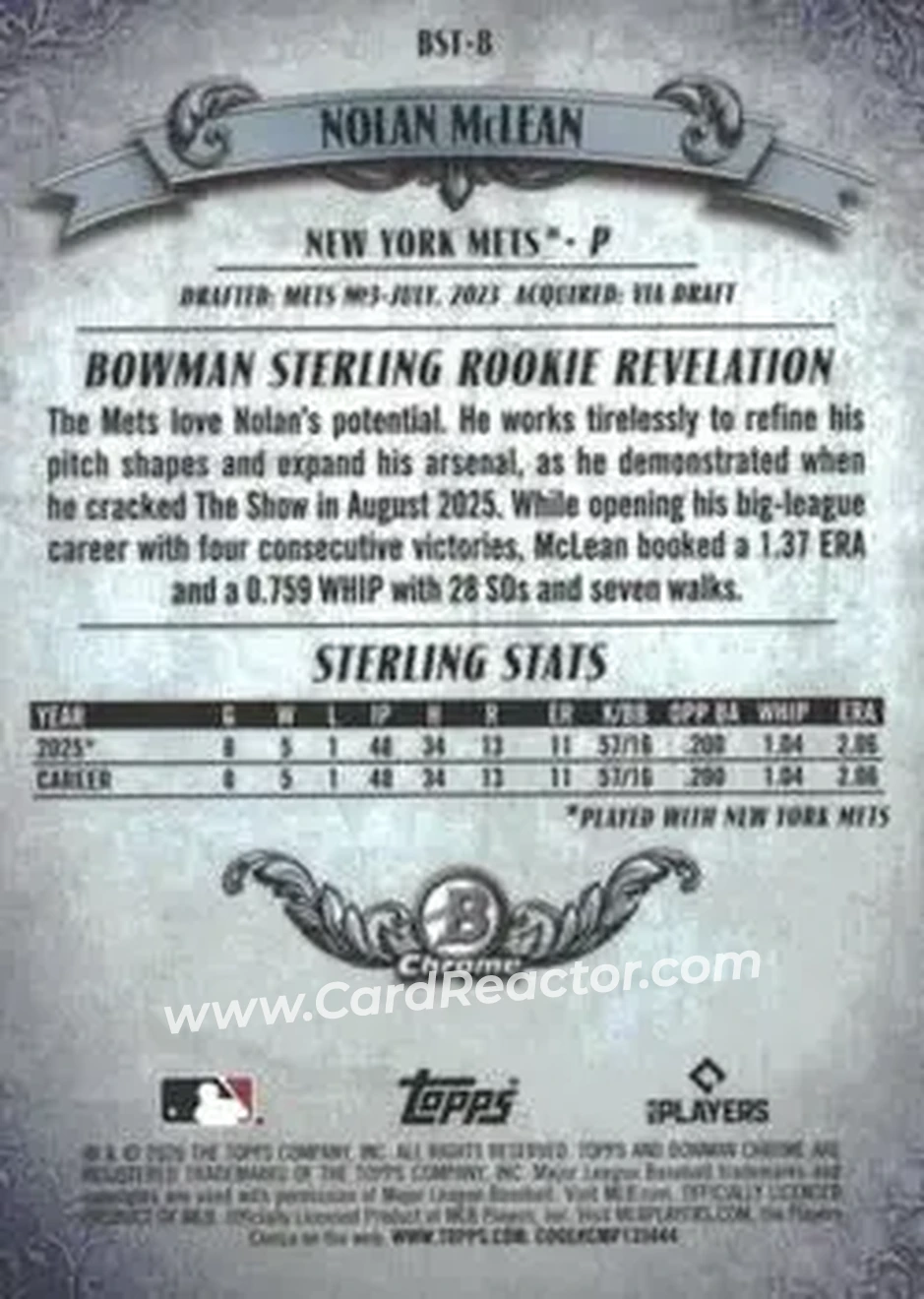 2026 Bowman - Bowman Sterling Mini Diamond Refractors #BST-8 - Nolan McLean - New York Mets - Back