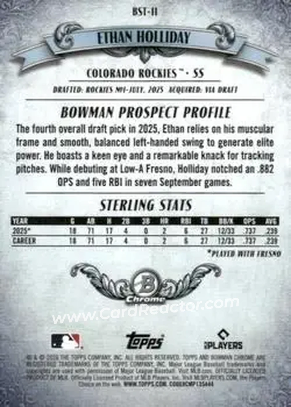 2026 Bowman - Bowman Sterling Mini Diamond Refractors #BST-11 - Ethan Holliday - Colorado Rockies - Back