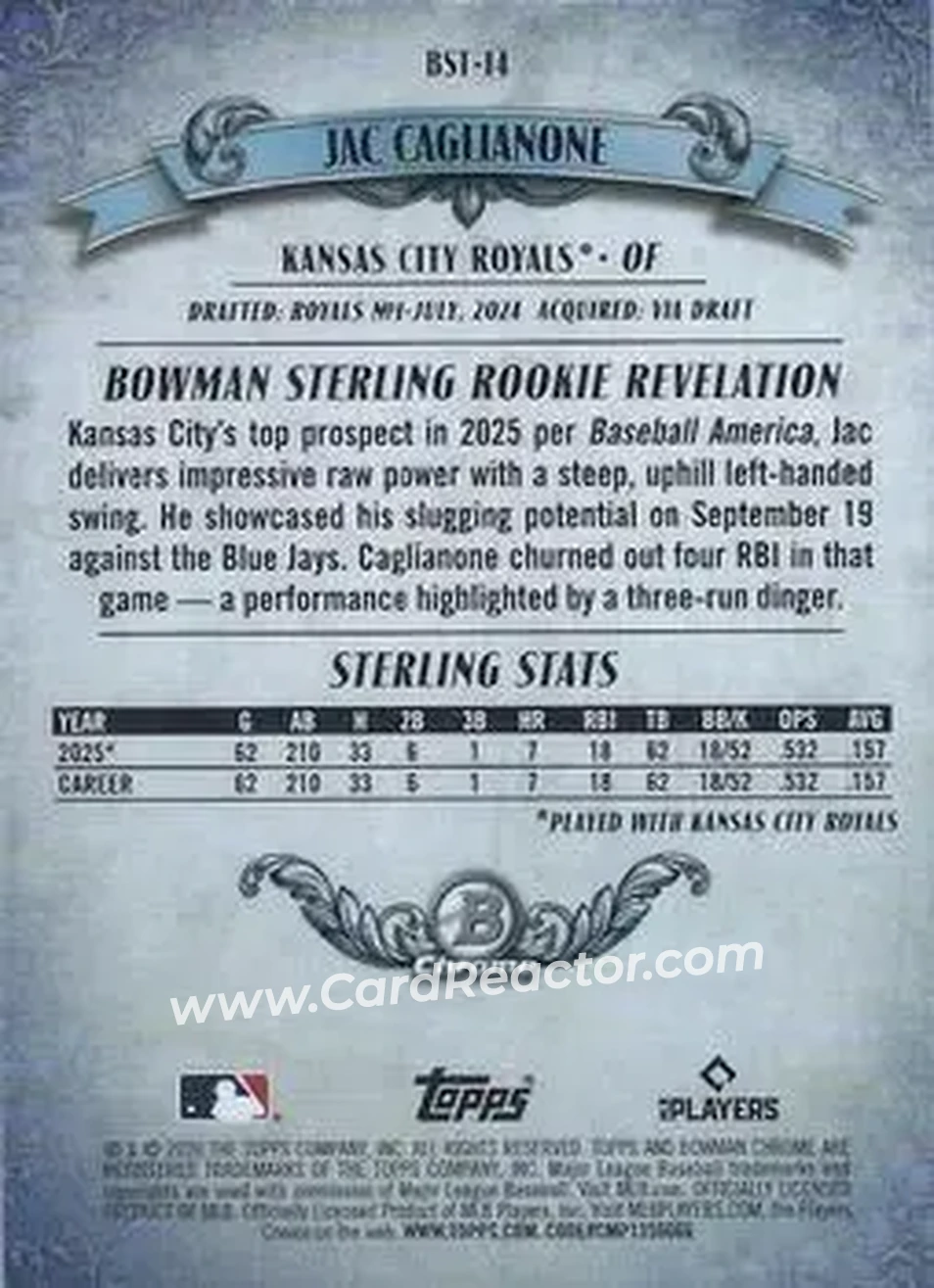 2026 Bowman - Bowman Sterling Mojo Green Refractors #BST-14 - Jac Caglianone - Kansas City Royals - Back