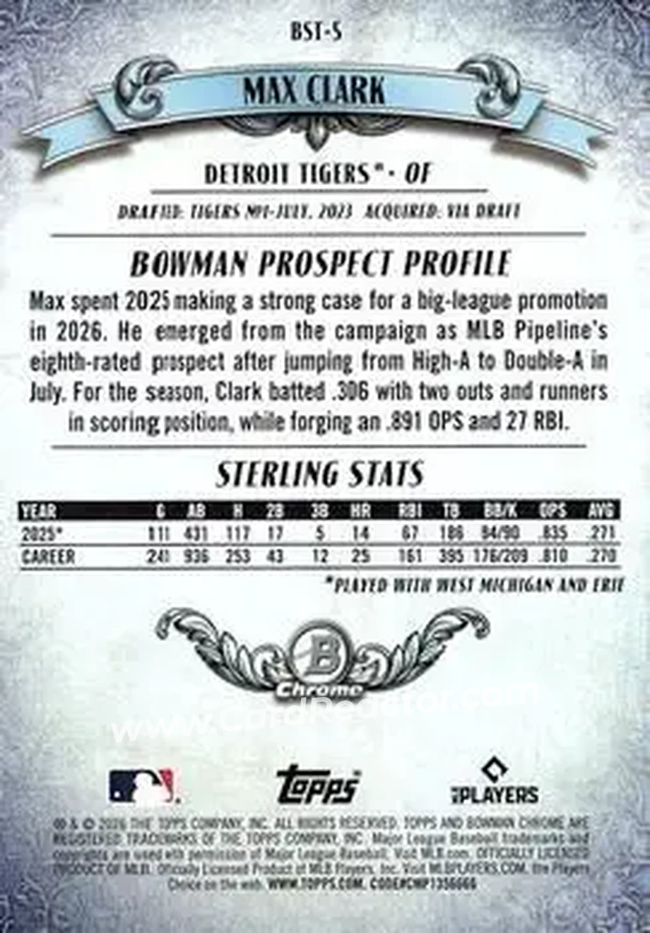 2026 Bowman - Bowman Sterling Mojo Orange Refractors #BST-5 - Max Clark - Detroit Tigers - Back