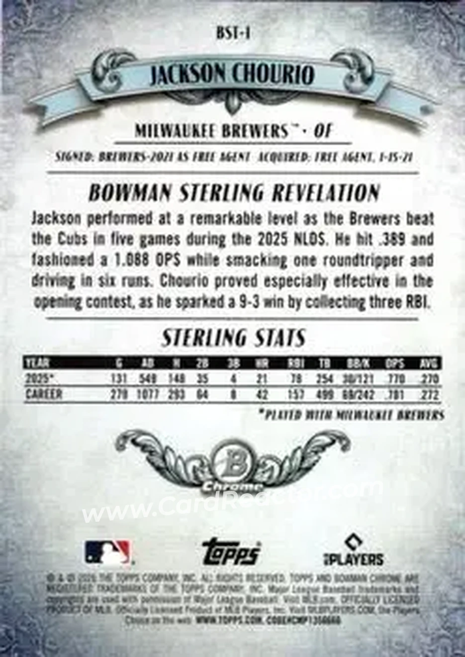 2026 Bowman - Bowman Sterling Mojo Pink Refractors #BST-1 - Jackson Chourio - Milwaukee Brewers - Back