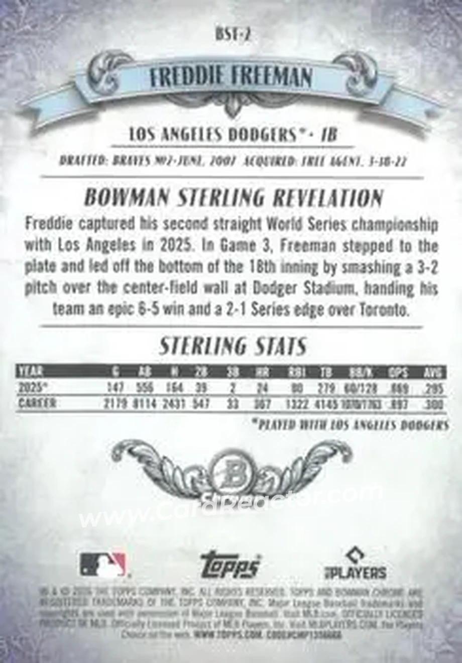 2026 Bowman - Bowman Sterling Mojo Pink Refractors #BST-2 - Freddie Freeman - Los Angeles Dodgers - Back