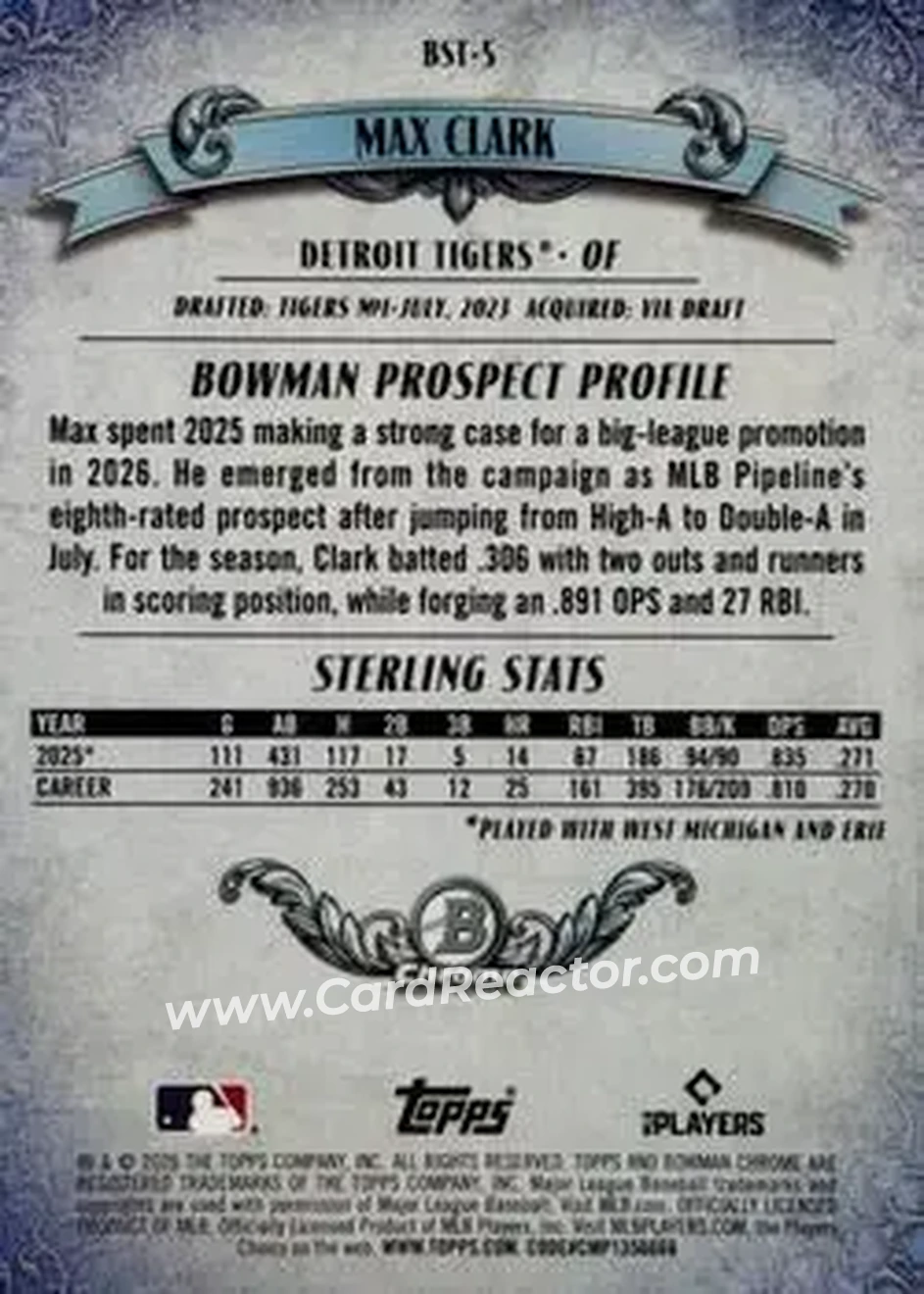 2026 Bowman - Bowman Sterling Mojo Pink Refractors #BST-5 - Max Clark - Detroit Tigers - Back