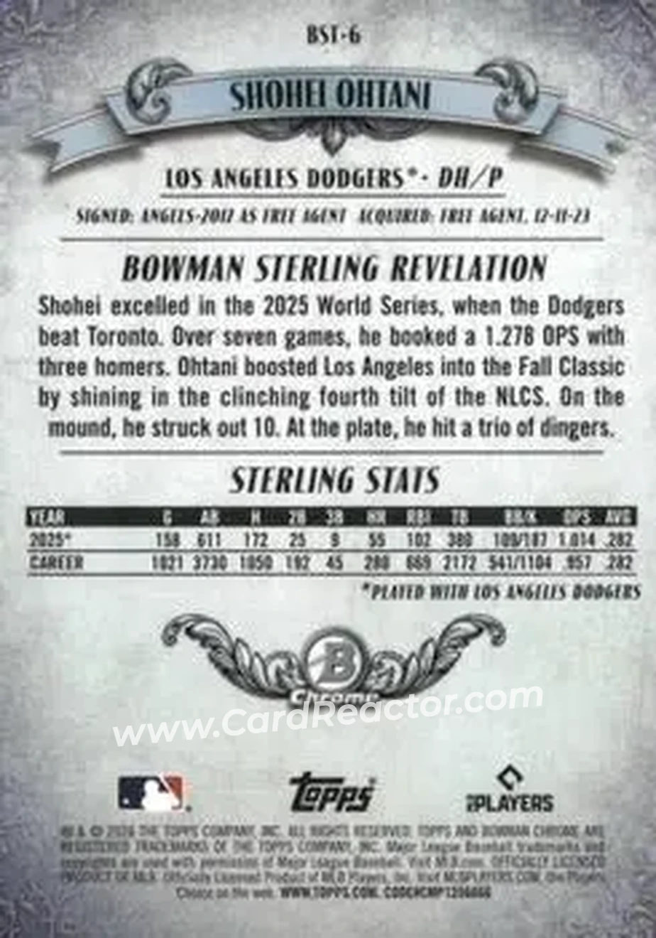 2026 Bowman - Bowman Sterling Mojo Pink Refractors #BST-6 - Shohei Ohtani - Los Angeles Dodgers - Back