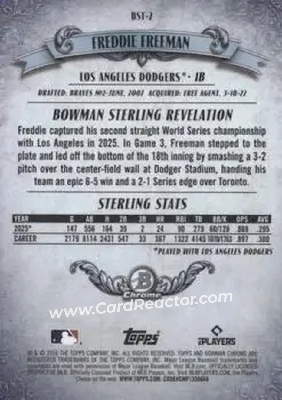2026 Bowman - Bowman Sterling Mojo Purple Refractors #BST-2 - Freddie Freeman - Los Angeles Dodgers - Back
