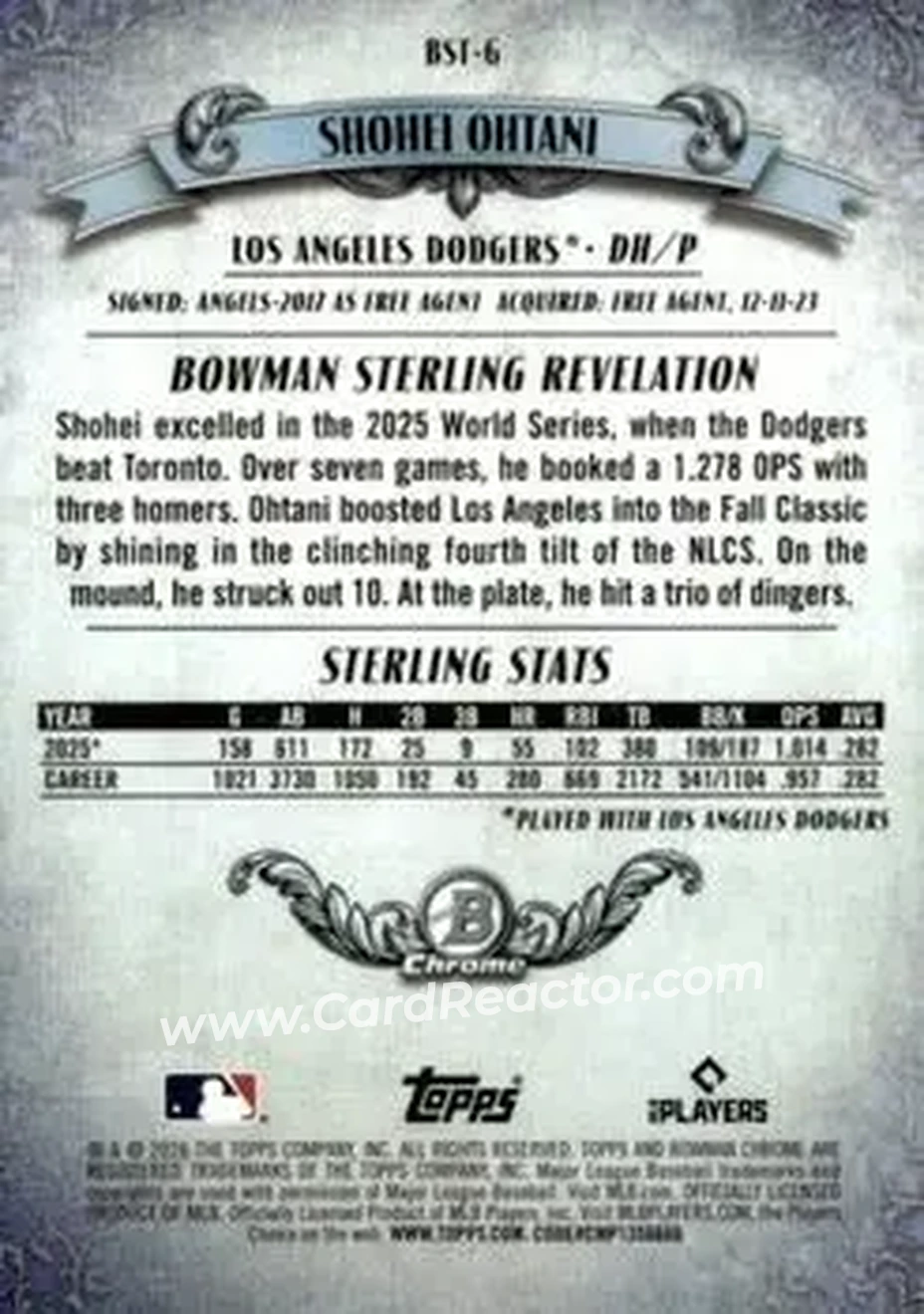 2026 Bowman - Bowman Sterling Mojo Purple Refractors #BST-6 - Shohei Ohtani - Los Angeles Dodgers - Back 2026 Bowman - Bowman Sterling Mojo Purple Refractors #BST-6 - Shohei Ohtani - Los Angeles Dodgers - Back